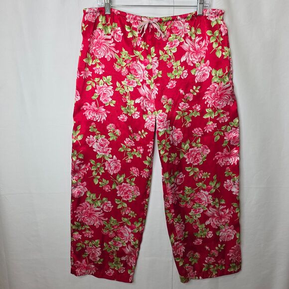 Victoria’s Secret PINK Pajama Set Women’s L Red Floral Satin Ribbon Trim Cozy - Picture 3 of 13